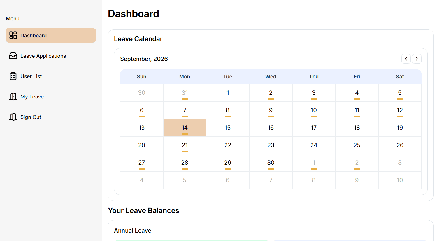 AS-LMS dashboard showing a leave calendar, applications, and employee balances.
